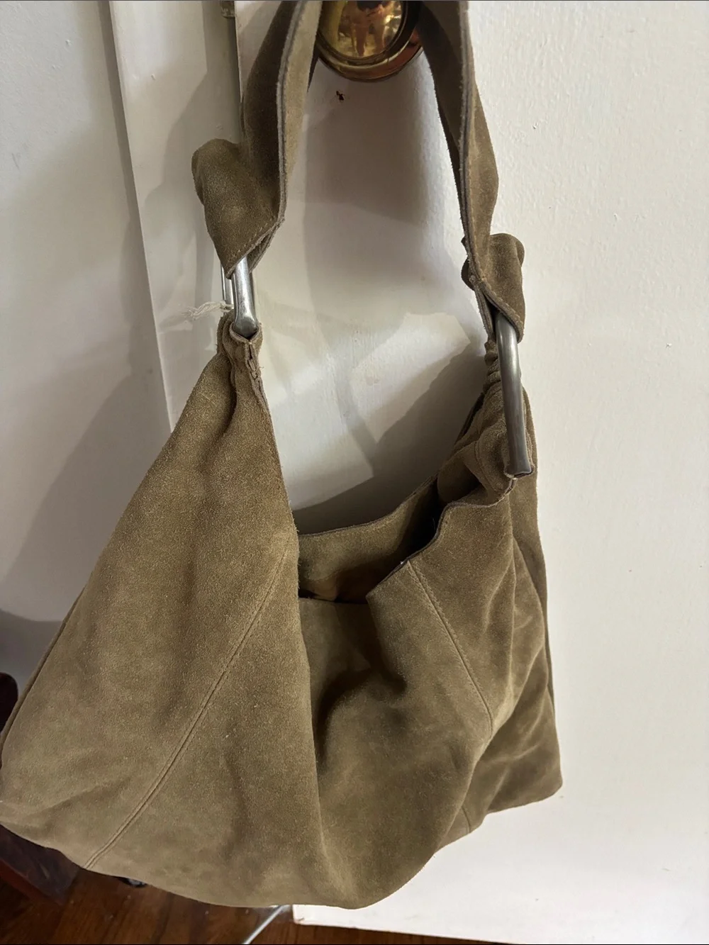 NWT Free People real suede leather bag with metal accents . Light sand color